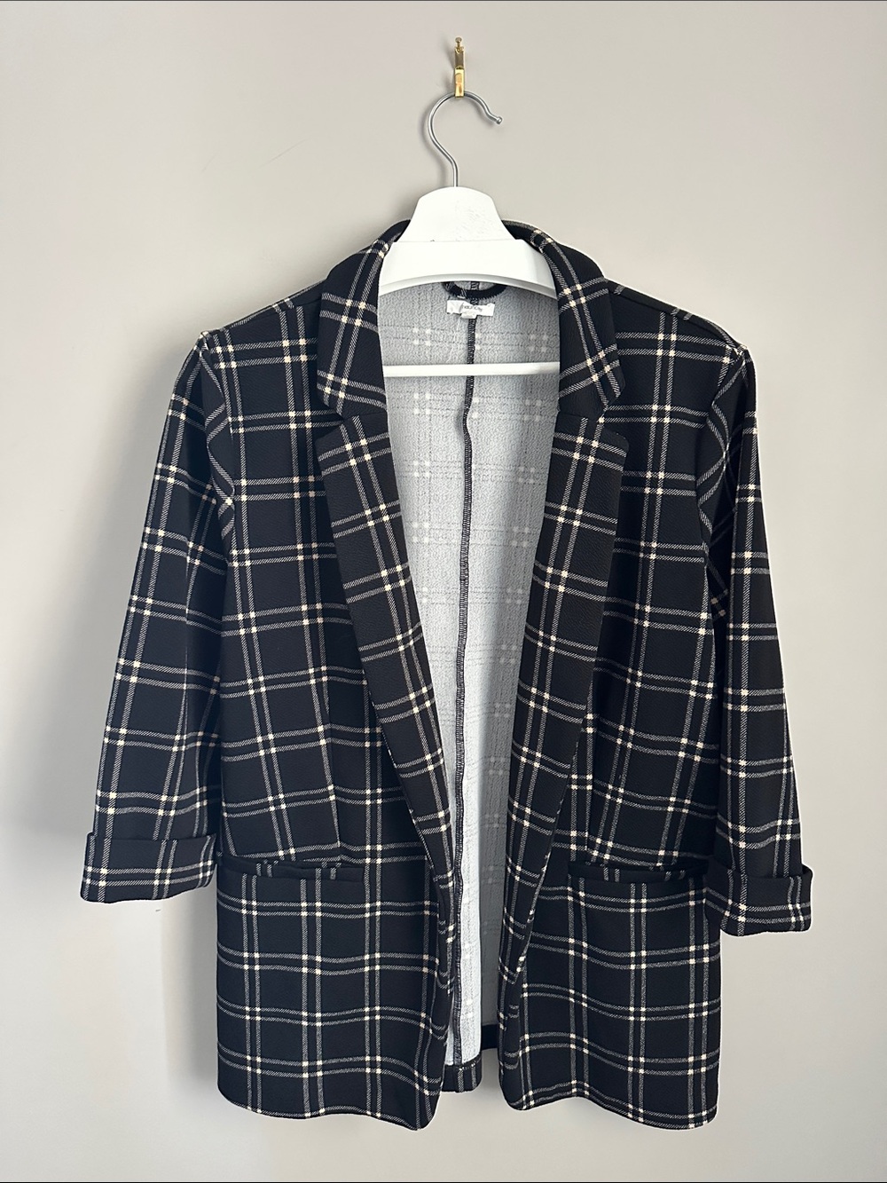 Maurices Black Plaid Open-Front Blazer with Notch Collar